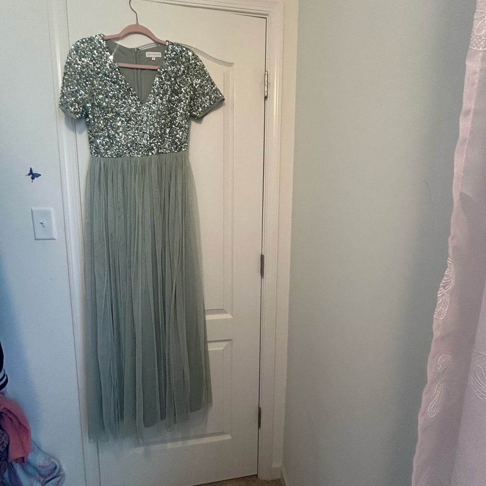 Maya Deluxe Bridesmaid Dress Sage Green Sequin Tulle Maxi Gown Formal Evening